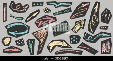 Hand-drawn chalk arrows and scribble elements. Sketch-style brush strokes with crayon texture. Vector icons for creative designs and abstract Stock Vector