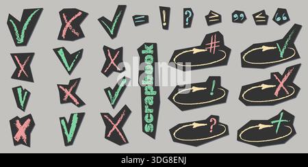 Sketch style checkmarks and hand drawn boxes with tick symbols. Crayon marks, crosses, and doodle icons for creative list illustrations Grunge chalk Stock Vector