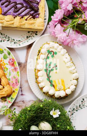 Traditional Polish Easter pastry Mazurek on an Easter background. selective focus Stock Photo