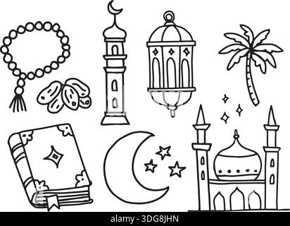 Hand Drawn Islamic Ramadan Doodle Icons Set with Mosque, Crescent Moon, Lantern, Quran, Prayer Beads, Palm Tree. Black Religious Vector Illustration Stock Vector