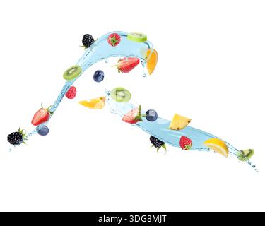Fresh fruits, berries and water splash in air on white background Stock Photo