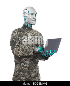 Robot in military uniform using laptop on white background. Future technologies Stock Photo