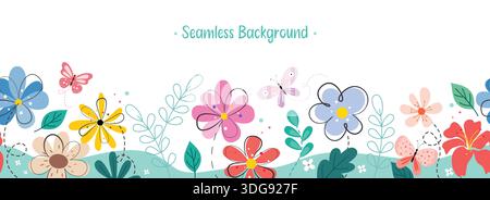 Flowers seamless background clipart banner design. Floral seamless pattern border clip art with colorful flowers in doodle and hand drawn decoration Stock Vector