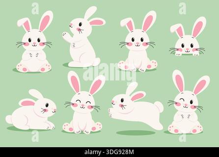 Easter Rabbit cute character set clipart. Bunny Rabbits Easter characters in white and pink clip art collection in different pose, sitting Stock Vector