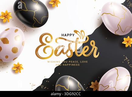 Happy Easter greeting card clipart design. Happy Easter greeting gold text with black and white eggs decoration clip art elements for Easter Stock Vector