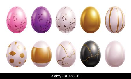 Easter elegant eggs set clipart. 3d elegant eggs clip art collection with gold, print and pattern sphere shape realistic elements for Eater egg Stock Vector