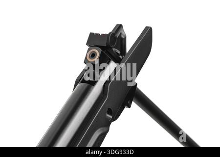 Open break barrel air rifle mechanism isolated on white. Stock Photo
