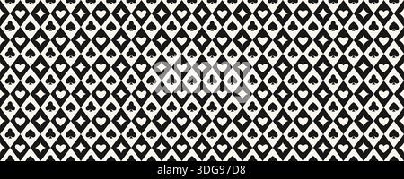 Seamless playing cards pattern. Repeating spades, hearts, diamonds, clubs symbols background. Poker or casino table theme wallpaper. Repeated lozenge gambling concept texture. Vector Stock Vector