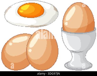 Clean vector illustration of a fried egg, whole brown eggs, and egg in a cup Stock Vector