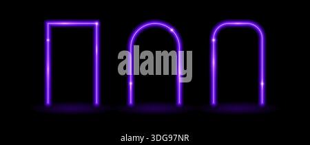 Glow neon rectangle and arch frames. Purple shining flare borders. Glowing portal doors concept. Futuristic rectangular and curved arc border. Vector illuminated elements for poster, banner, brochure Stock Vector