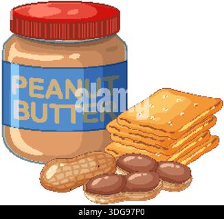 Vector illustration of a peanut butter jar, stacked crackers, and peanuts on white background Stock Vector