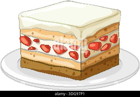 A flat vector illustration of a square layered strawberry cream cake on a plate Stock Vector