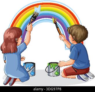 Two kids in casual clothes paint bright rainbow arc with large brushes, clean white background Stock Vector