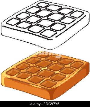 Golden brown Belgian waffle vector illustration with a black and white line art version Stock Vector