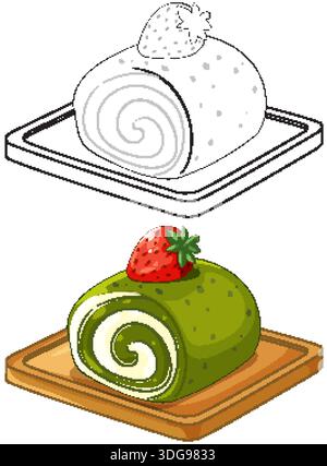 Vector illustration of a matcha swiss roll cake with strawberry, including colored and outline versions Stock Vector