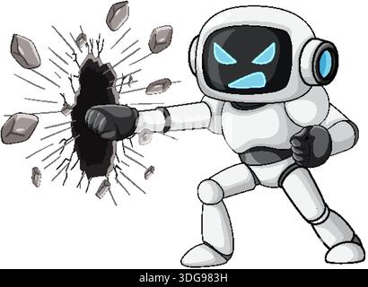 Cartoon robot smashes wall with punch, dynamic pose, bold outlines, flat vector colors Stock Vector