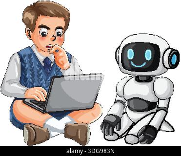 Cartoon schoolboy using laptop beside smiling robot, flat vector style with clean white background Stock Vector