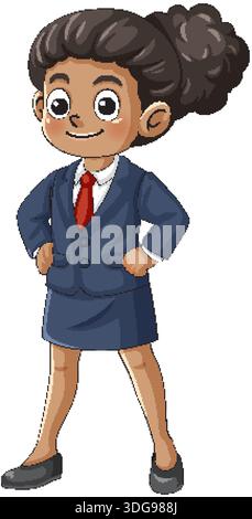 Cartoon young woman in navy business suit, hands on hips, smiling, white background, vector style Stock Vector