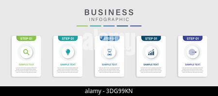 5 process infographic labels with icons design template. Planning, Marketing, Strategy and Business presentation. Vector illustration. Stock Vector