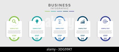 5 process infographic labels with icons design template. Planning, Marketing, Strategy and Business presentation. Vector illustration. Stock Vector