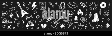 Hand drawn doodle music icons with rock elements, lightning bolts and graffiti style tattoo stickers for creative band designs on chalkboard. Marker sketch music icons. Vector illustration Stock Vector