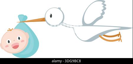 Stork carrying newborn vector. Bird and cartoon born child illustration isolated on white background. Child birth greeting. Invitation postcard charac Stock Vector