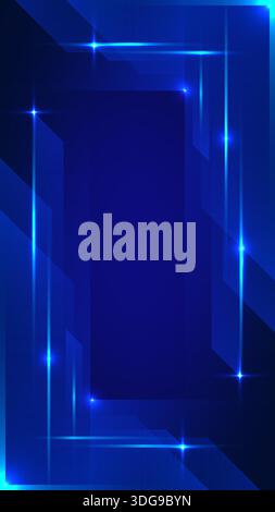 Modern technology background featuring blue neon light effects and glowing geometric shapes with vertical layout digital corporate presentations Stock Vector