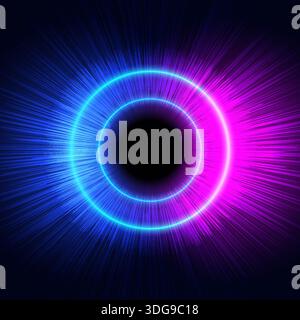Futuristic high energy abstract motion background featuring vibrant pink and blue neon light circles with cosmic rays and speed lines for technology c Stock Vector
