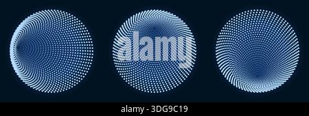 set of blue glowing circular compositions featuring intricate spiral patterns and halftone dots of spherical motion for futuristic digital technology Stock Vector