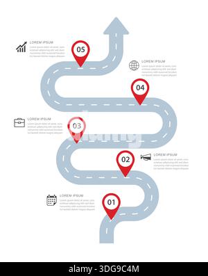 Business roadmap infographic with 5 numbered steps for success and goal. Stock Vector