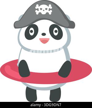 Panda pirate with lifebuoy cute animal vector icon Stock Vector
