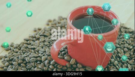 Sitting red mug filled with black coffee on wood tabletop, beans, teal hexagon icons, copy space Stock Photo