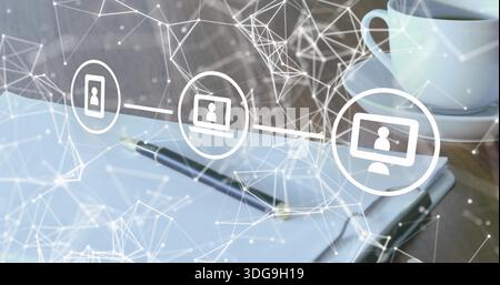 Resting pen lying diagonally on open notebook at desk, with coffee cup and network overlay Stock Photo