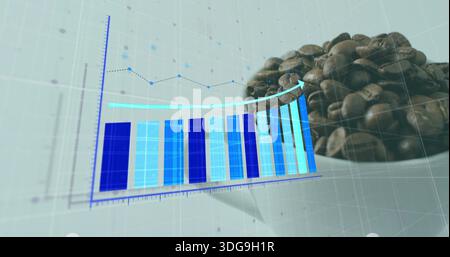 Displaying 3D chart with teal arrow and trendline on studio table beside bowl of coffee beans Stock Photo