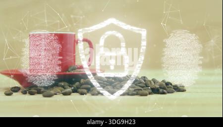 Floating faint security shield with padlock over wood table, red cup, saucer, coffee beans, prints Stock Photo