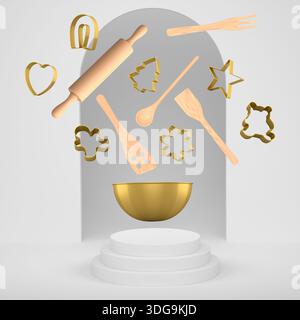 Set of baking bowl, cookie cutters, and wooden kitchen utensils suspended mid-air on abstract background, symbolizing culinary creativity concept Stock Photo