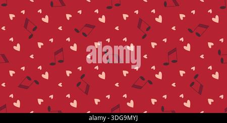 Melody of love vector seamless pattern. Red background with notes and hearts. Romantic love print for packaging, paper, fabric for weddings, holidays Stock Vector