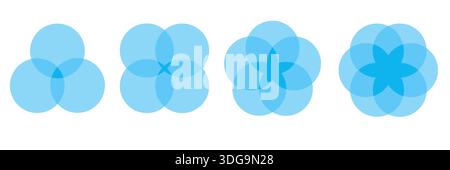Circular venn diagram mini set with multiple small blue intersecting flower shapes vector infographic for data chart progression balance relationship Stock Vector