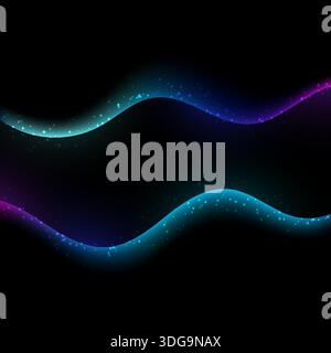 Vibrant abstract design two glowing wave ribbons in neon teal and purple with shimmering particles floating against a deep black background Stock Vector
