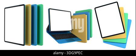 Multiple black-framed digital tablets stacked with colorful sheets, isolated on white background, concept of technology and modern devices Stock Photo