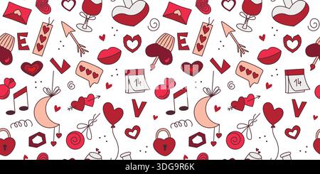 Love symbols vector seamless pattern. Background with hearts, letter, moon, wine glass, note, calendar, candy. Romantic love print for packaging Stock Vector
