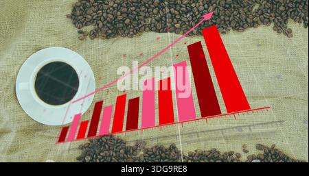 Displaying ascending red-pink bar chart overlaying burlap tabletop, with white cup and coffee beans Stock Photo