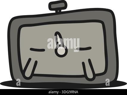 A gray tabletop clock with simple hands and rounded feet shown in a minimal cartoon style. Stock Vector