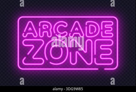 Neon Arcade Zone sign creates a retro gaming atmosphere. Bright colors and glowing frame fit entertainment spaces and youth design. Stock Vector