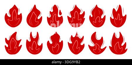 Fire and flame vector set, red icons, monochrome signs. Simple bonfire cliparts in different shapes, minimalistic color doodles, pictogram collection Stock Vector