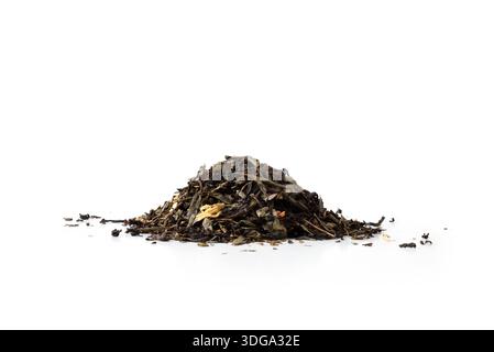 Pile of dried tea leaves for infusion isolated on white background front view. Stock Photo