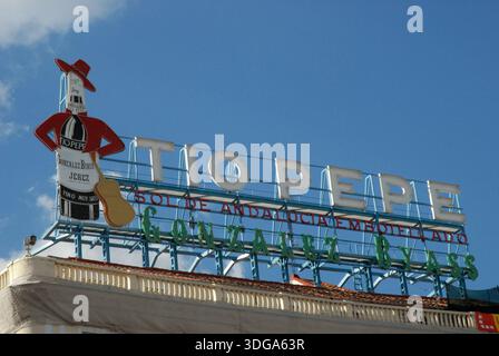 Close‑up of the famous Tio Pepe billboard on the rooftop, Madrid, Spain. Stock Photo