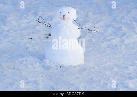 Snowman in the snow, closeup of photo with soft focus Stock Photo
