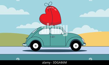 Retro car carrying a big heart on its roof. Love delivery concept for Valentine's Day greetings Stock Vector
