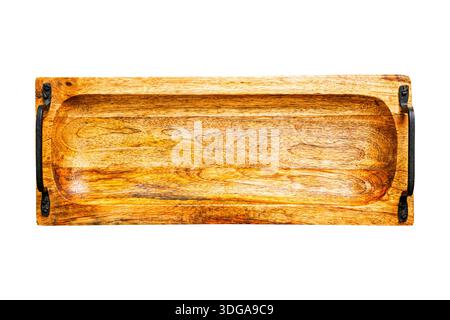 Top view brown rectangular wooden tray with black metal handles isolated on white background with clipping path. Stock Photo
